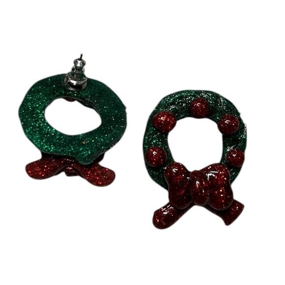 Soft Resin Glittery Christmas Wreath with Bow Pierced Earrings - Picture 2 of 3